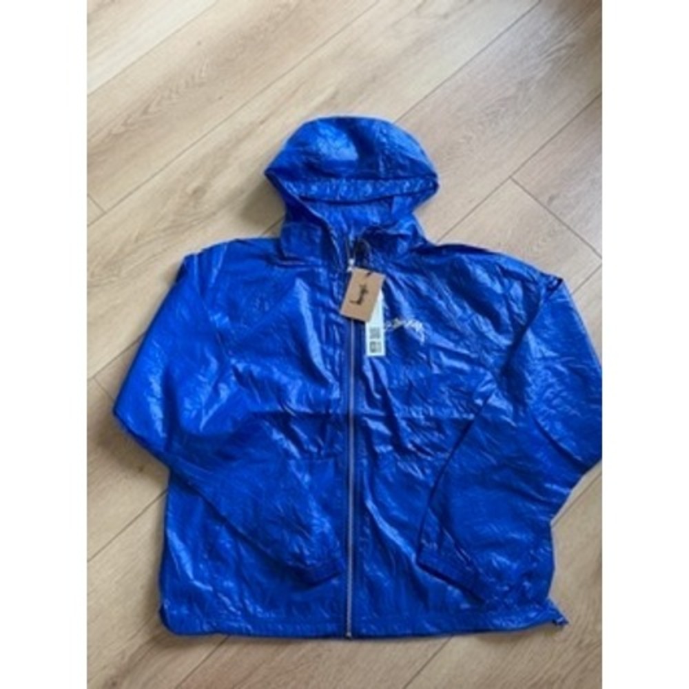 Stussy Beach Shell Wrinkled Nylon Jacket Royal Blue Hooded Windbreaker NEW